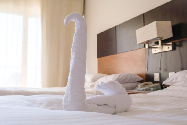 从酒店房间床上的白色毛巾上折下来的天鹅。图片下载