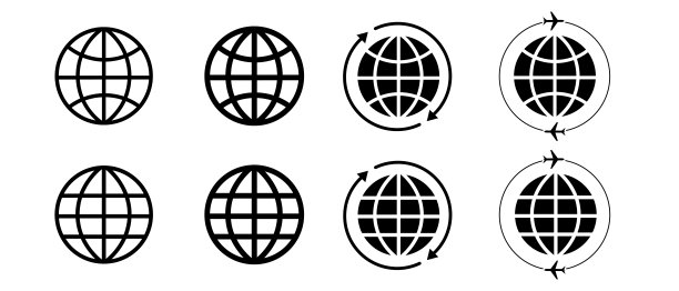 地球黑白矢量图标集，旅行标志图片下载