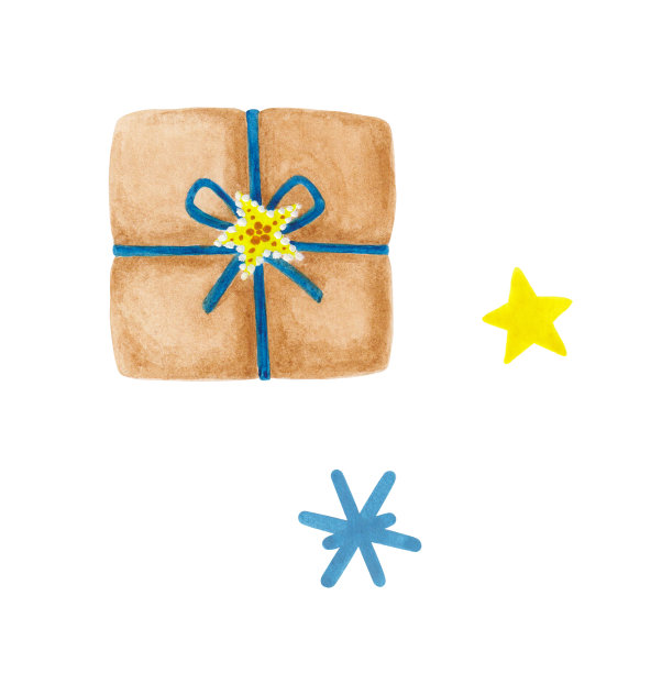 棕色的礼品盒，蓝色的蝴蝶结和水彩节日的星星图片下载