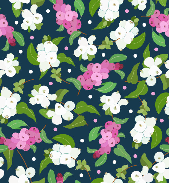 向量无缝模式与白色和粉红色雪莓。复古风格。向量植物插图。图片下载