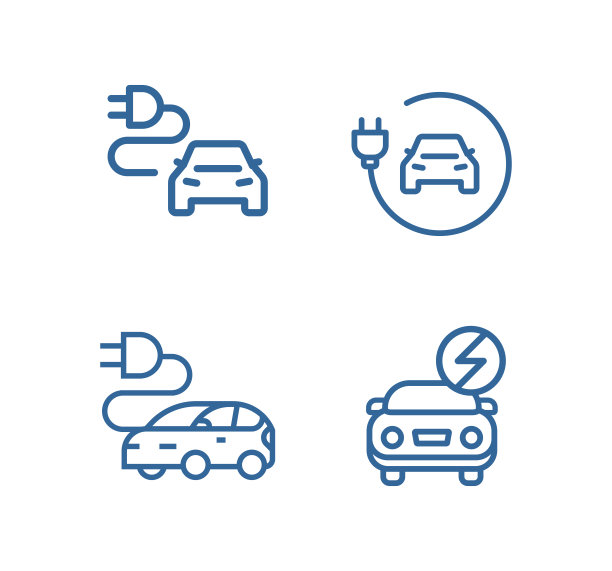 电动汽车图标集。电动汽车电缆外形及充电插头黑色符号。环保电动汽车概念车。矢量电插图图片下载