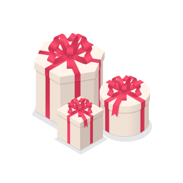 立体立体的节日礼品盒。明亮的节日问候礼盒白色包装与红色丝带蝴蝶结。一组等距圣诞惊喜盒。彩色三维等距矢量集。图片下载