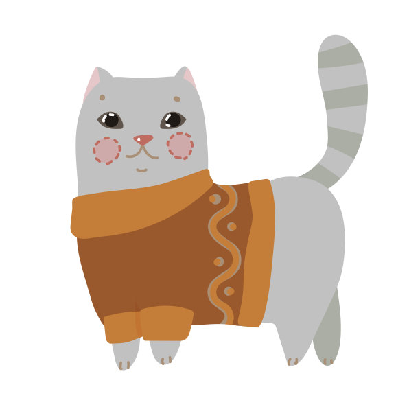 灰色小猫，针织毛衣卡通风格，色彩柔和。冬季矢量插图孤立在白色背景。图片下载