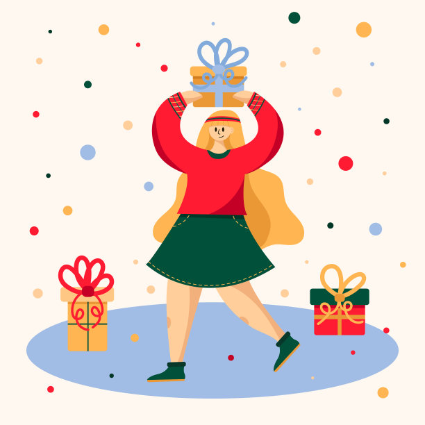 可爱开朗的女孩手里拿着礼物，喜庆的心情，礼物和雪花的风格扁平化图片下载