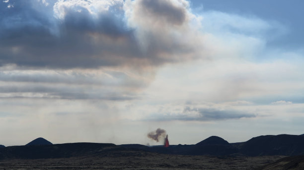 火山爆发的背景是蓝天和白云。图片下载