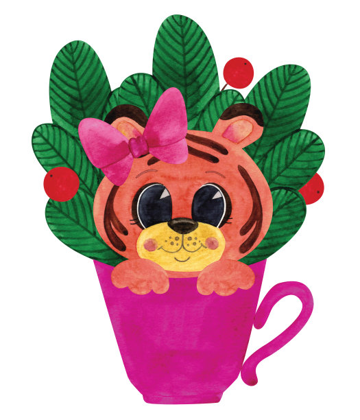 中国的老虎。水彩插图。可爱的卡通老虎坐在杯子里。新年的插图。用于设计，印刷，装饰，卡片和横幅图片下载