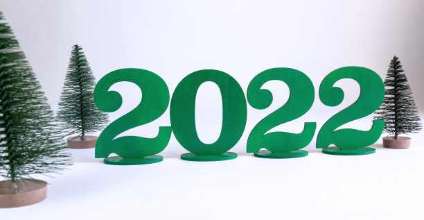 绿色数字是2022，白色背景上有圣诞树。有选择性的重点。图片下载