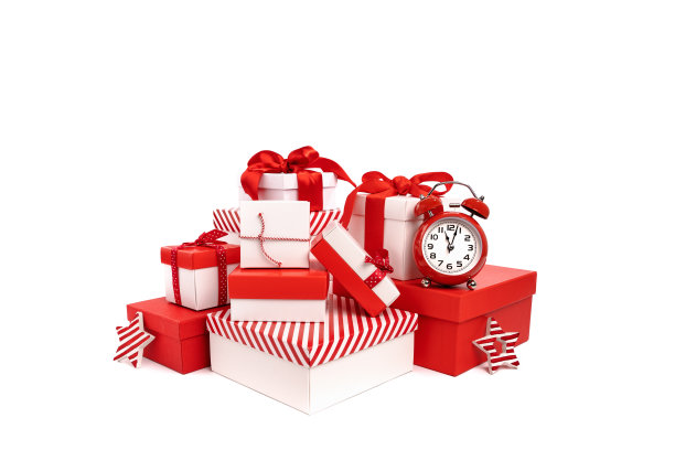 一套红色和白色的礼品盒在白色孤立的背景图片下载