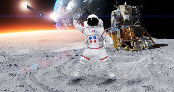 在星球表面跳舞的有趣的宇航员，感到快乐图片下载