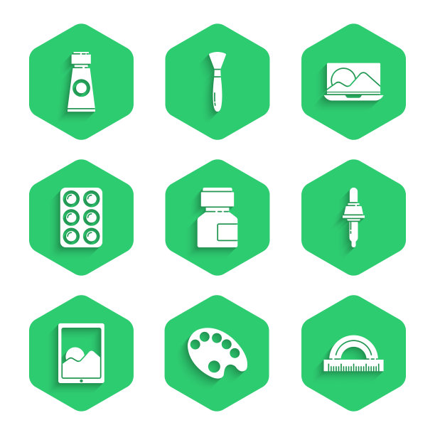 设置水粉画罐颜料调色板量角器图片下载