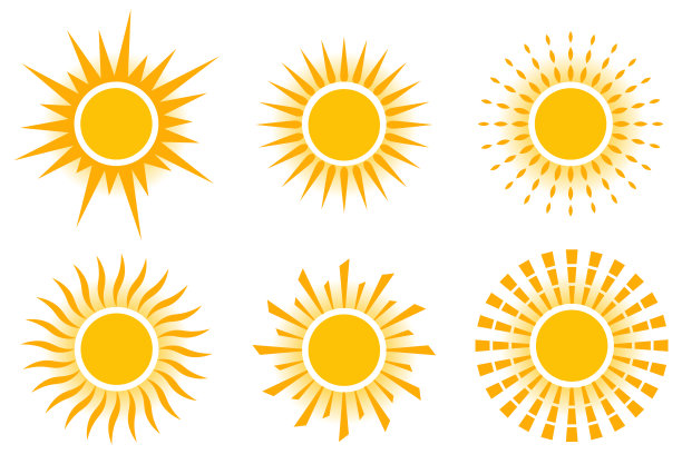 太阳，太阳图标设置在黄色孤立在白色背景。太阳图标在平面设计。矢量插图的卡通设计。向量。图片下载