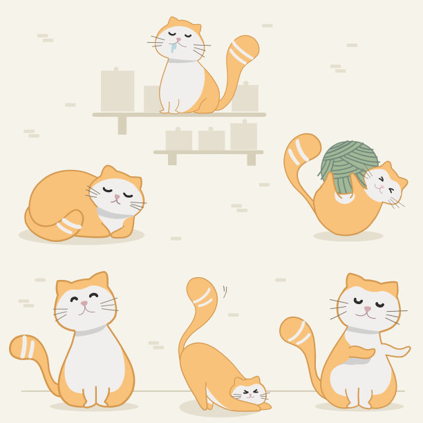 猫在不同的位置玩耍和玩耍。小宠物猫呜呜叫着跳来跳去。大套猫的插图。图片下载