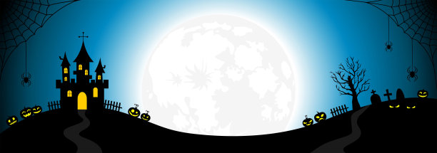 满月和城堡的黑色剪影，蜘蛛在网上，南瓜，墓地在蓝色渐变的背景与复制空间。万圣节的旗帜图片下载