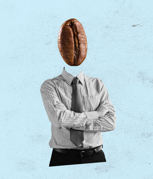 当代艺术拼贴西服男咖啡豆头孤立在复古蓝色背景图片下载