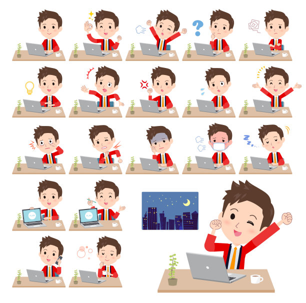 一套穿着快乐大衣的男人在办公桌上工作图片下载