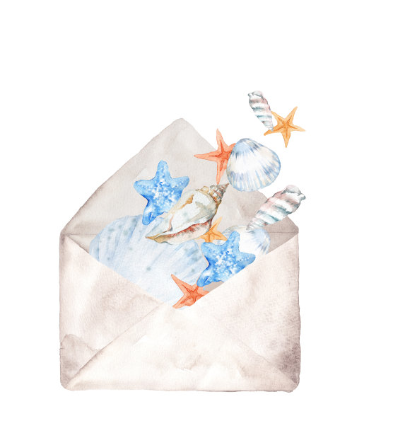 水彩信封信与海贝壳图片下载