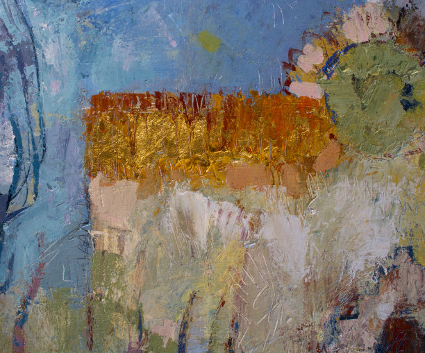 帆布上的蓝色油画。原创抽象丙烯酸橘色颜料。黄金稠膏。图片下载