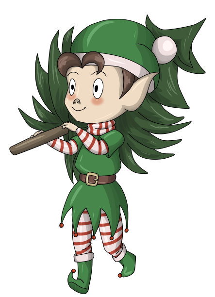 圣诞老人的小精灵助手带着一棵圣诞树，用于明信片和装饰，圣诞树装饰。图片下载