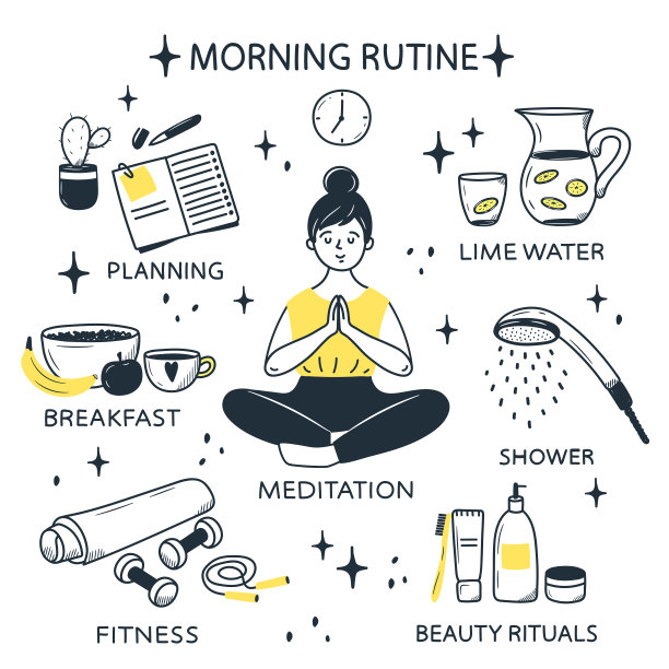 一个年轻女孩做她的早晨例行公事，冥想，喝柠檬水，洗澡，早餐，美容和计划，做健身。女人打扮的概念。手绘涂鸦插图图片下载