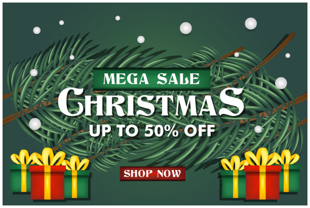 圣诞节销售旗帜设计模板与圣诞树的背景图片下载