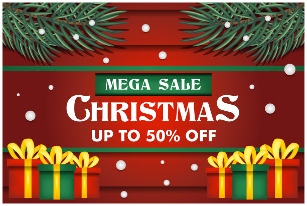 圣诞节销售旗帜设计模板与圣诞树的背景图片下载