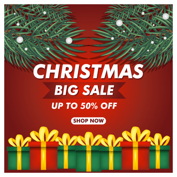 圣诞节销售旗帜设计模板与圣诞树的背景图片下载