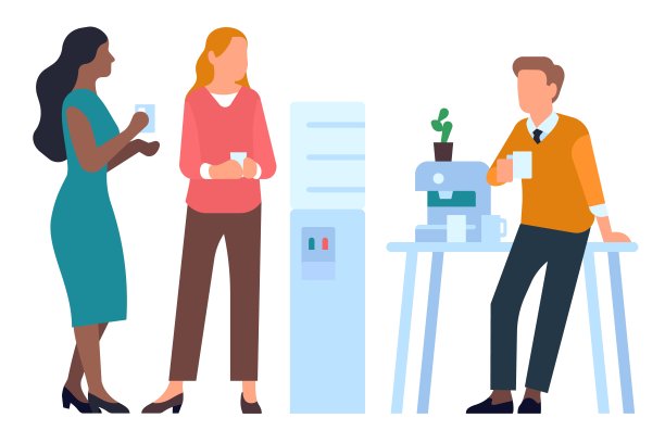 办公室工作人员。商务人士讨论和会议。咖啡休息。同事们一起喝饮料。男人和女人在午餐时间交谈。媒介工作者非正式沟通图片下载