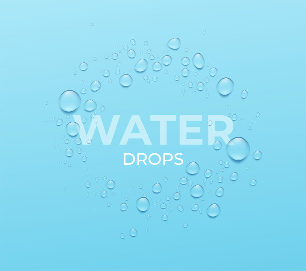 现实的水滴的圆形框架。蓝色背景上真实的水滴，真正的透明效果。矢量图图片下载