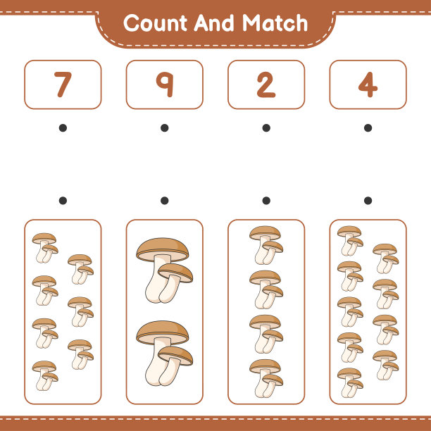 数和匹配，数香菇的数量和匹配正确的数字。教育儿童游戏，可打印的工作表，矢量插图图片下载