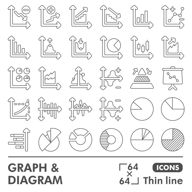 图形和图线图标集，增长图表符号收集或草图。用于web和应用程序的分析图表细线线性风格标志。矢量图形隔离在白色背景上。图片下载
