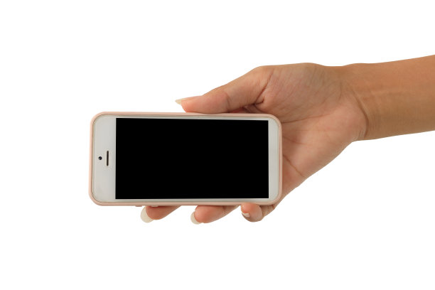 隔离的女性手拿智能手机在白色背景。图片下载