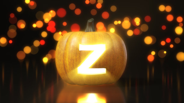 字母Z雕刻在万圣节的南瓜上。背景上带有散景效果的3d插图图片下载