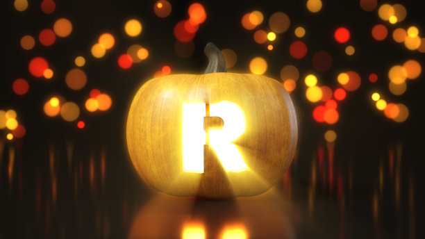 字母R雕刻在万圣节南瓜上。背景上带有散景效果的3d插图图片下载