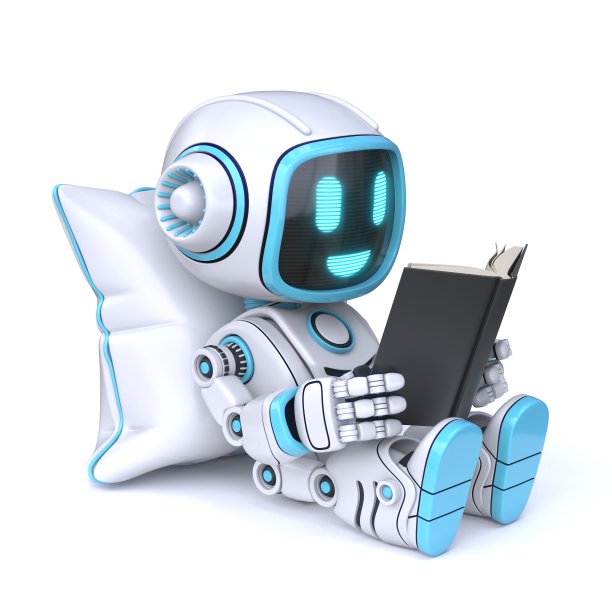 可爱的蓝色机器人喜欢阅读3D书籍图片下载