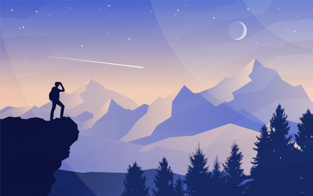 男人手表。旅行上。发现、探索和观察自然的旅游理念。徒步旅游。冒险。极简主义的图形传单。多边形平面设计。海报的插图。图片下载