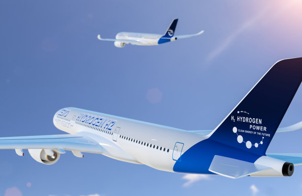 蓝天中充满氢气的飞机——未来氢气能源概念。图片下载