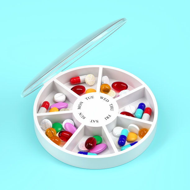 圆形的药盒里装着不同的药片和维生素，可以用一个星期。药物组织者。3 d渲染。图片下载