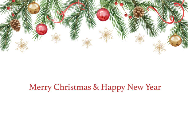 水彩向量卡与圣诞球，雪花和冷杉树枝。插图明信片，邀请和问候孤立在一个白色的背景。图片下载