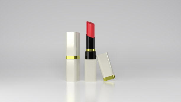 时髦的口红搭配黑色、金色和白色的帽子。性感的红色。化妆品广告。3d渲染。图片下载