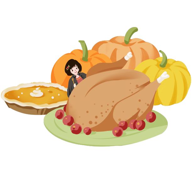 暖色色块感恩节火鸡南瓜派人物插图图片下载