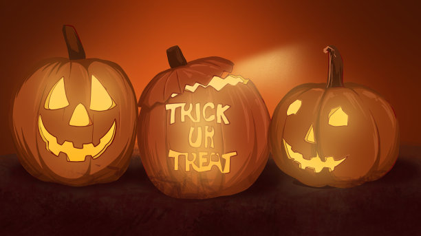 棕色万圣节三个南瓜头场景-插画图片下载