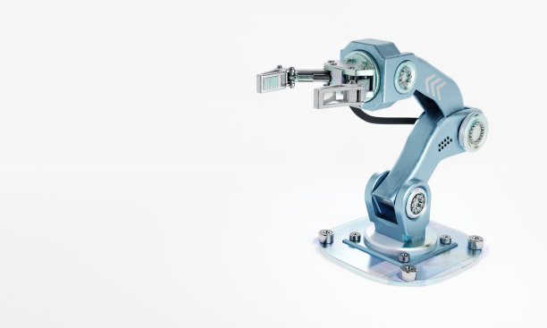 带手柄的机器人手臂，用于在隔离的白色背景上制造工业工厂。技术和未来概念。人工智能与物联网。三维插图绘制图片下载