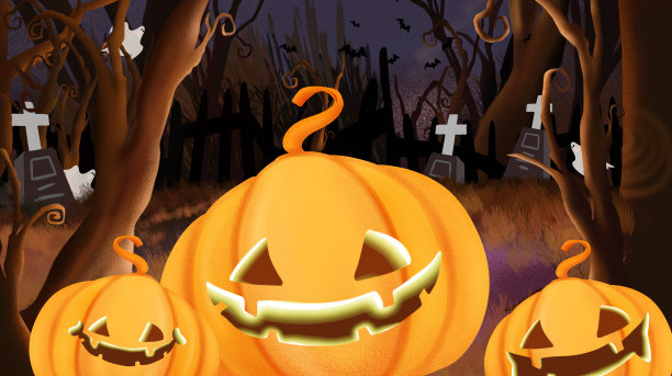 原创万圣节南瓜头森林背景插画元素图片下载