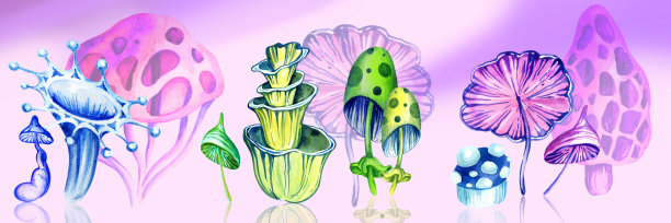 宇宙景观与奇妙的宇宙蘑菇和星星在粉红色的背景图片下载