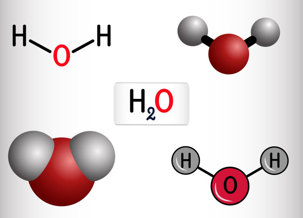 水，H2O, HOH分子。它是一种无机羟基化合物，由一个氧原子和两个氢原子组成的氢氧化物。结构化学式和球棒模型图片下载