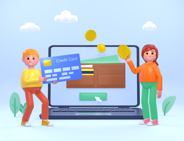 男人和女人站在大笔记本电脑与钱包的3d渲染图片下载