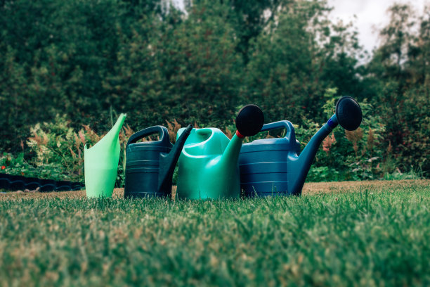 花园设备。不同大小，颜色的喷壶。图片下载