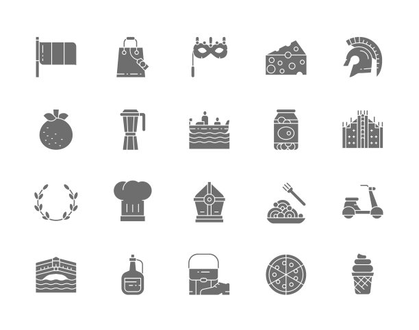 一套意大利文化灰色图标。普通话，贡多拉，传统威尼斯面具，罐装橄榄，橄榄枝，意大利面，披萨等。图片下载