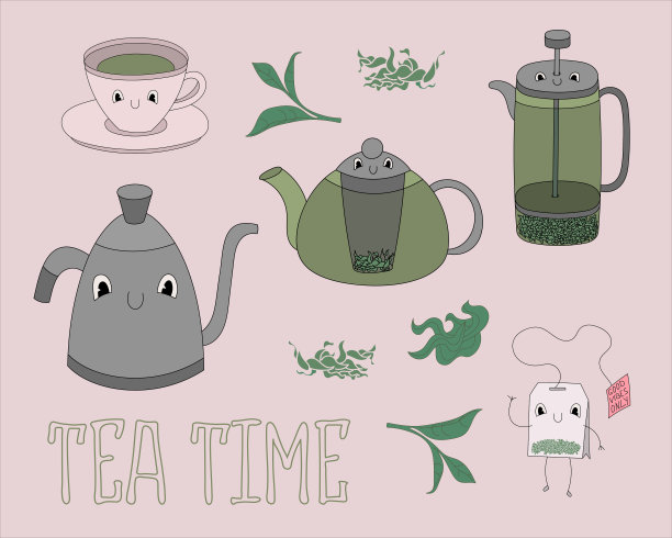 集合可爱的茶属性在柔和的颜色-矢量插图，eps股票插图，孤立的设计元素图片下载
