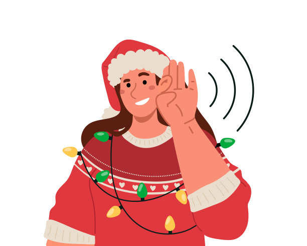 一个穿着圣诞毛衣的微笑女人把手放在耳朵上仔细地听着图片下载